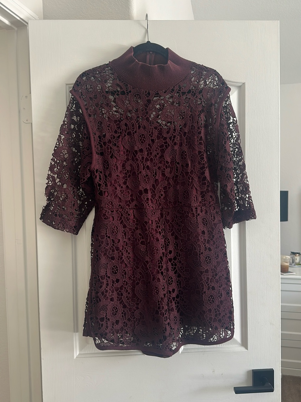 Zara Burgundy Lace Long-Sleeve High Neck Top